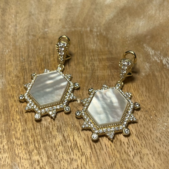 Judith Ripka 14K Sterling Silver Clad Diamonique & Mother of Pearl Earrings RARE - Picture 5 of 16